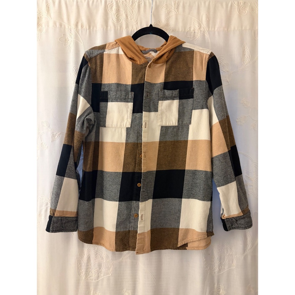 Cat & Jack Boys XL 14 Hooded Flannel Shirt Brown Plaid Long Sleeve Button Down